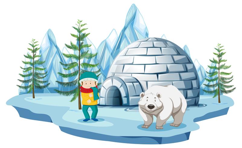 Escena ártica con niño y oso polar por iglú. vector