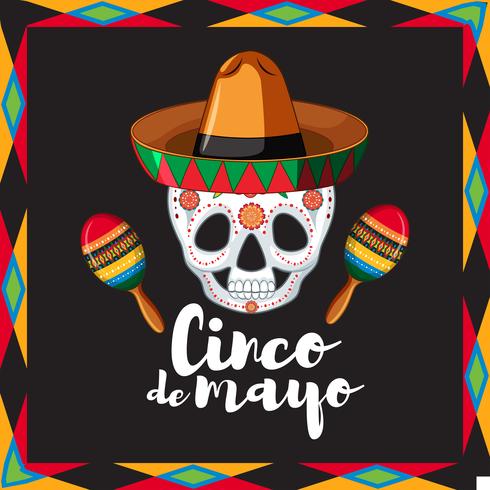 Cinco de Mayo card template with skull wearing hat vector