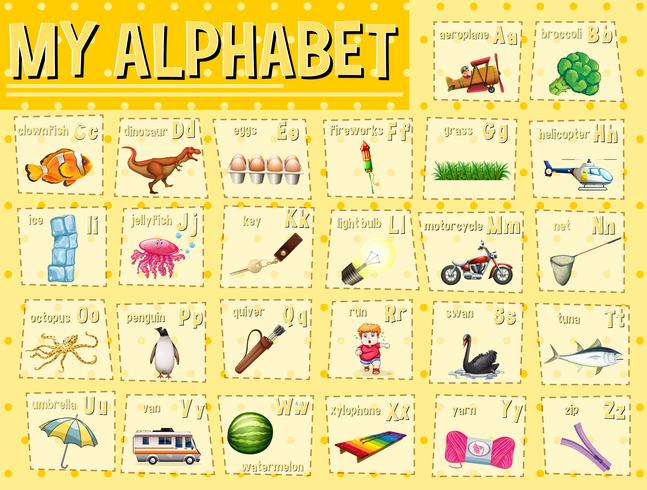 Alphabet chart with letters and words vector