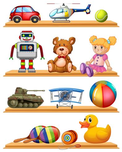 Diferentes juguetes en estantes de madera. vector