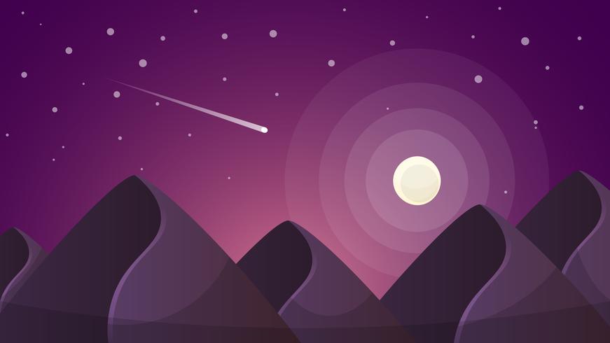 Cartoon night landscape. Comet, moon, mountains illustration. vector