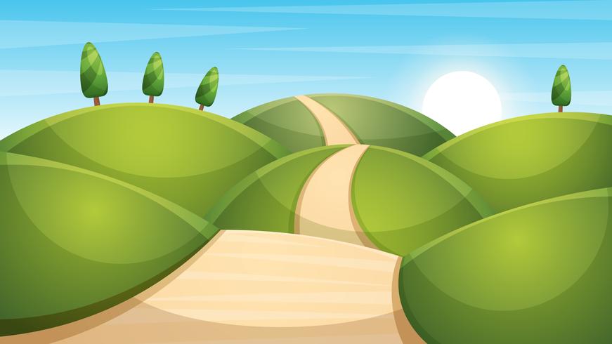 Cartoon landscape illustration. Sun. cloud, mountain, hill. vector