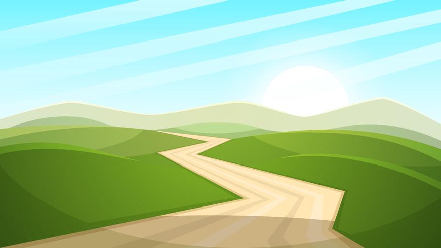 Cartoon landscape illustration. Sun. road, cloud, hill. vector