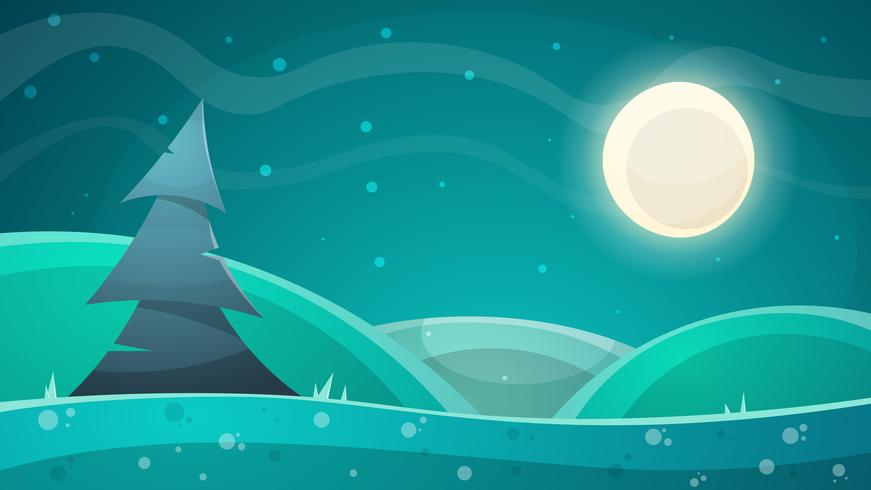 Paisaje nocturno de dibujos animados. Ilustración de abeto, luna vector