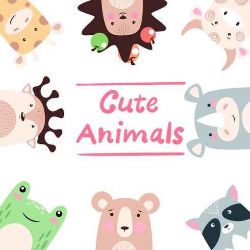 Set animals - giraffe, hedgehog, cow, bull, rhino, raccoon, bear, frog, deer. vector