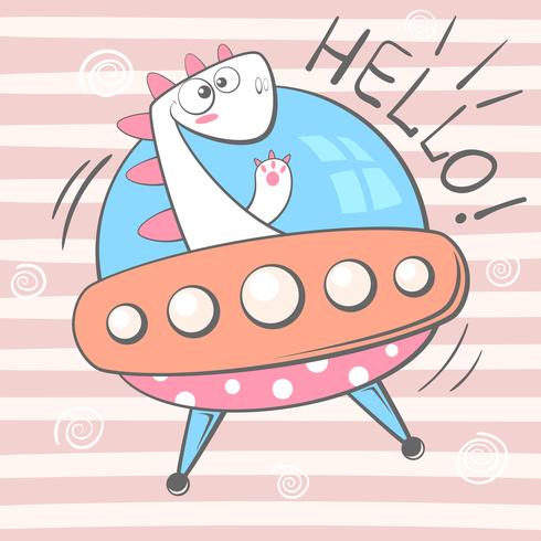 Cute, cool, pretty, funny, crazy, beautiful dino character. Ufo illustration. vector