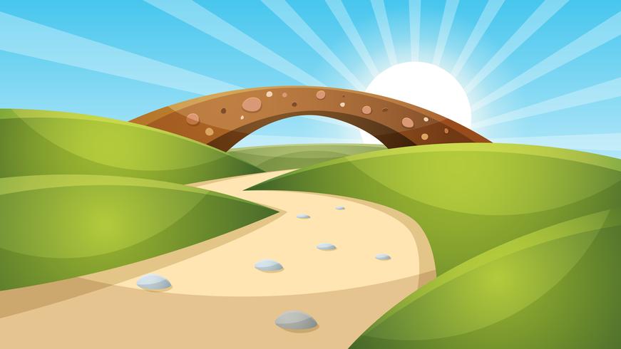 Cartoon landscape illustration. Sun. cloud, mountain, hill. vector