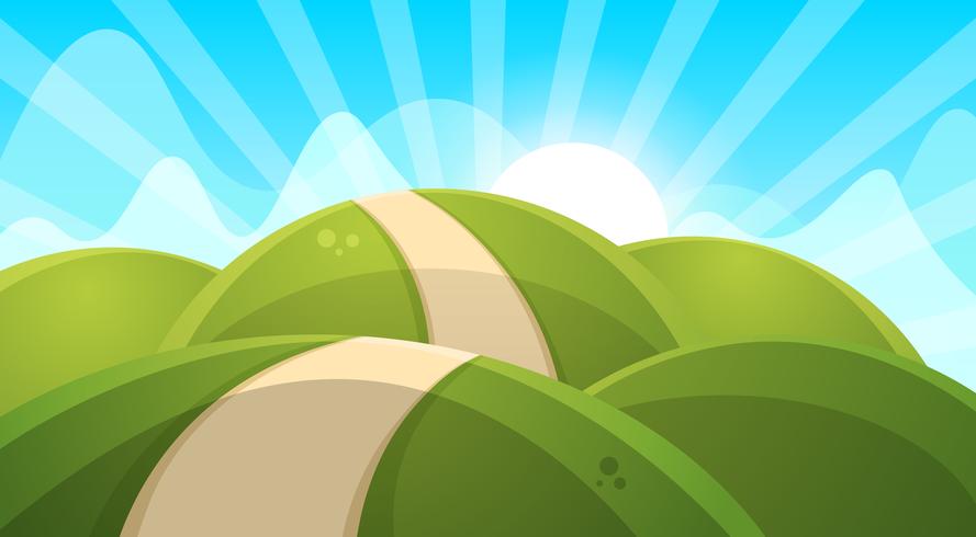 Cartoon landscape illustration. Sun. cloud, hill. vector