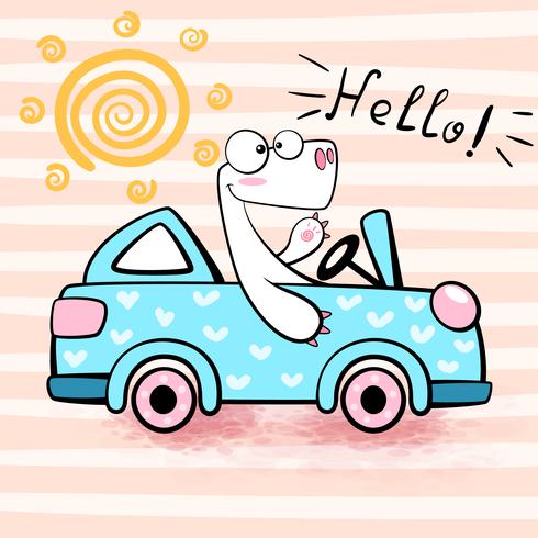 Cute dino drive funny car. vector