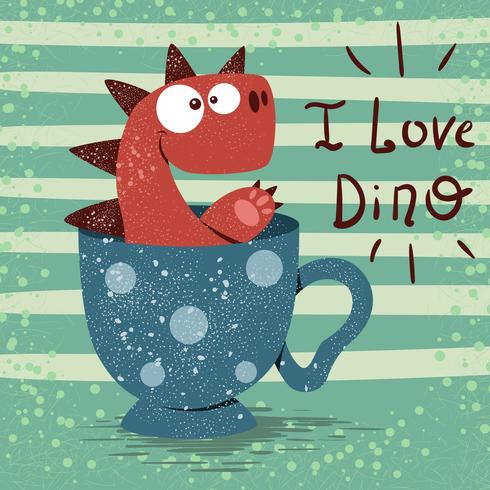 Cute dino with cup of tea vector