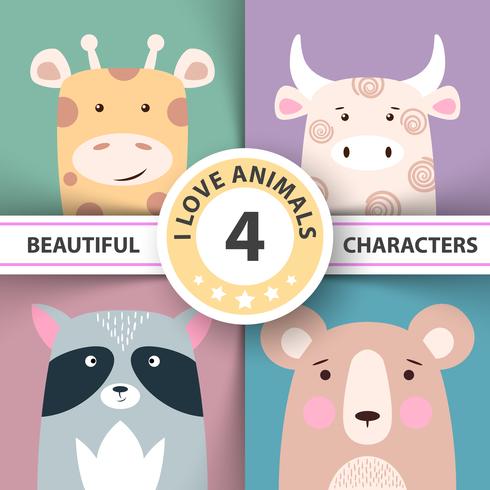 Set animal illustration giraffe, cow, raccoon, bear vector