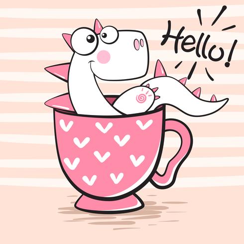 Cute dino with cup of tea vector