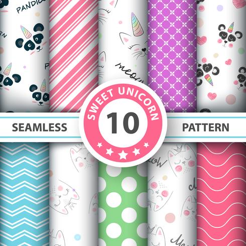 Cute panda, unicorn - seamless pattern vector