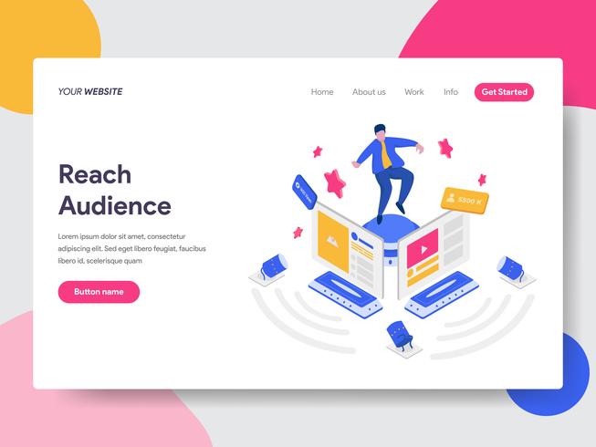 Landing page template of Reach Social Media Audience Illustration Concept. Isometric flat design concept of web page design for website and mobile website.Vector illustration vector