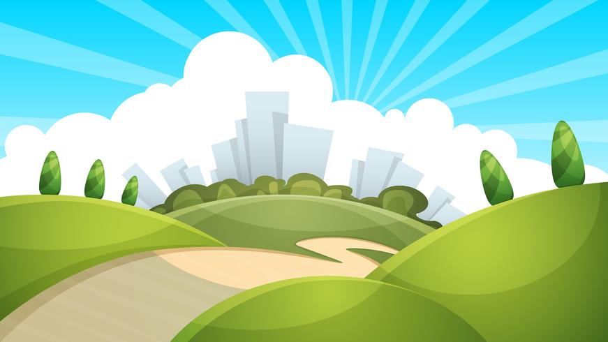 Paisaje, ciudad, nube, sol. vector