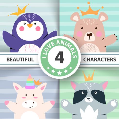 Dibujos animados de animales - pingüino, oso, unicornio, mapache. vector