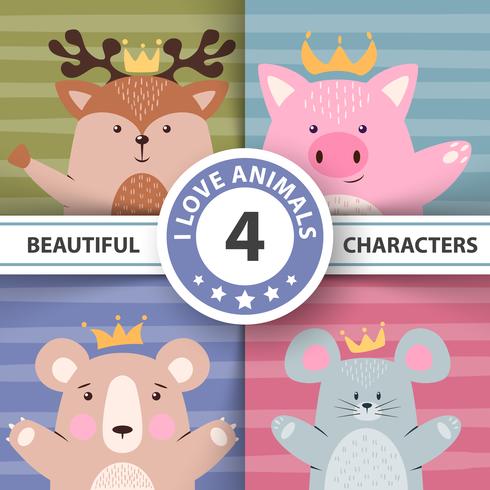 Cartoon set animals - deer, pig, bear, mouse. vector