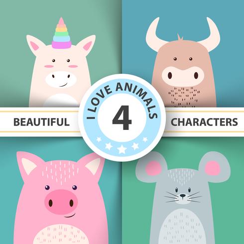 Cartoon animal characters unicorn, bull, pig, mouse vector