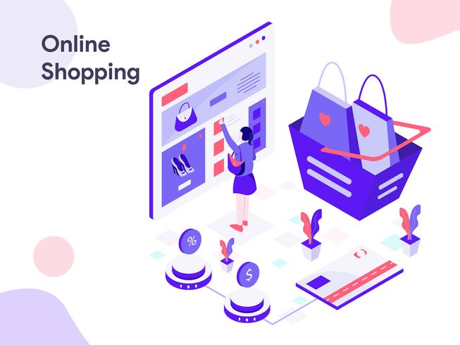 Compras en línea ilustración isométrica. Estilo de diseño plano moderno para sitio web y sitio web móvil. Ilustración de vector