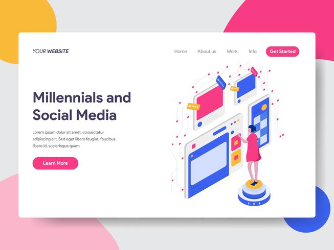 Plantilla de página de destino de Millennials y concepto de ilustración isométrica de Social Media. Concepto de diseño plano isométrico de diseño de página web para sitio web y sitio web móvil. Ilustración de vector