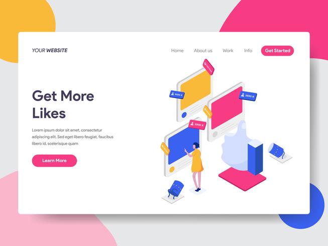 Landing page template of Get More Likes Isometric Illustration Concept. Isometric flat design concept of web page design for website and mobile website.Vector illustration vector