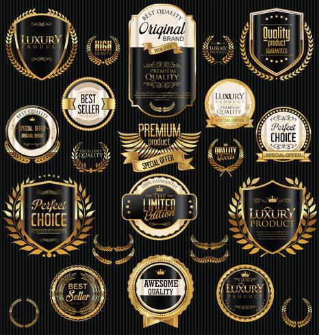 Insignias y etiquetas de oro premium de lujo vector