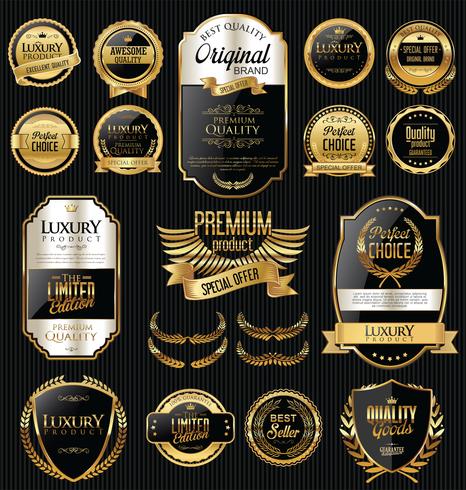 Insignias y etiquetas de oro premium de lujo vector