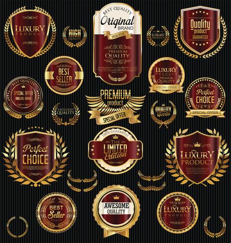 Insignias y etiquetas de oro premium de lujo vector