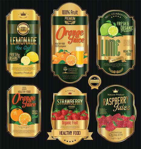 Set of organic fruit retro vintage golden labels collection vector