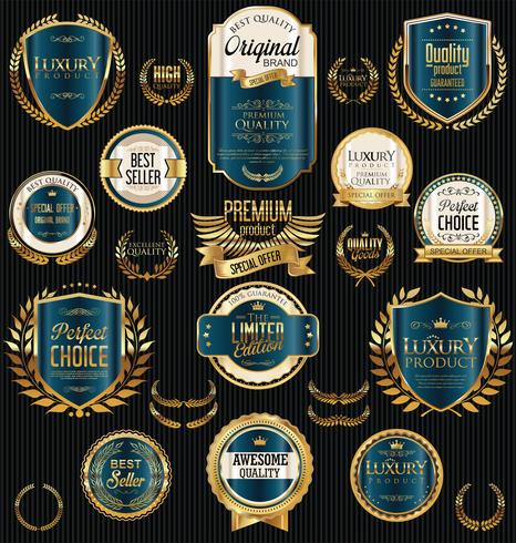 Insignias y etiquetas de oro premium de lujo vector