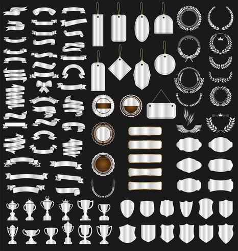 collection of various ribbons tags laurels shields and trophies vector