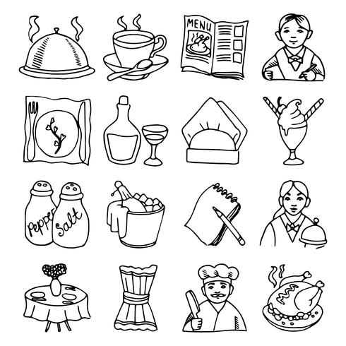 Restaurant dishes black outline icons set  vector