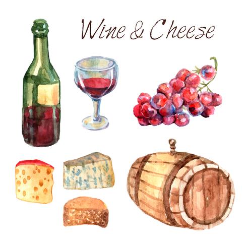 Conjunto de pictogramas de acuarela de vino y queso. vector