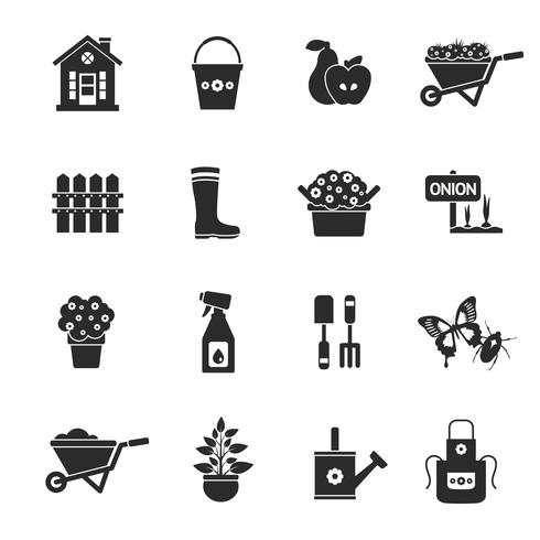 Conjunto de iconos negro de jardinería vector