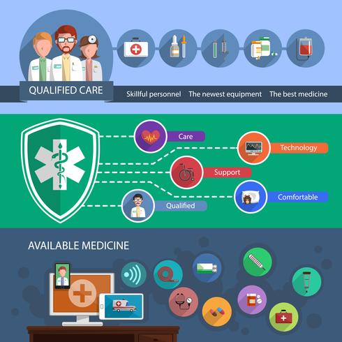 Tres banderas horizontales multicolores para el cuidado de la medicina. vector