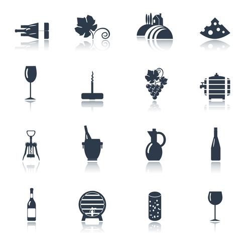 Wine black icons set vector