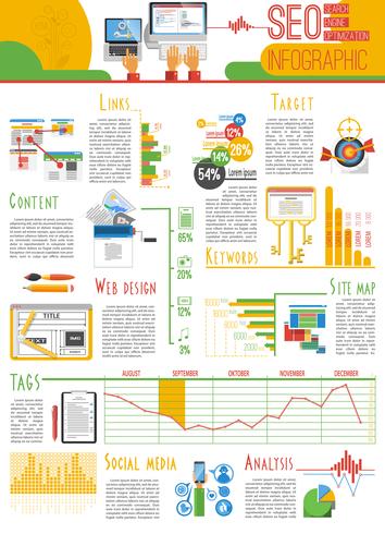 Reportaje infográfico de seo. vector