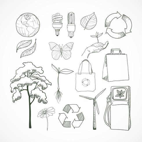 Doodles conjunto de iconos de ecología y medio ambiente vector