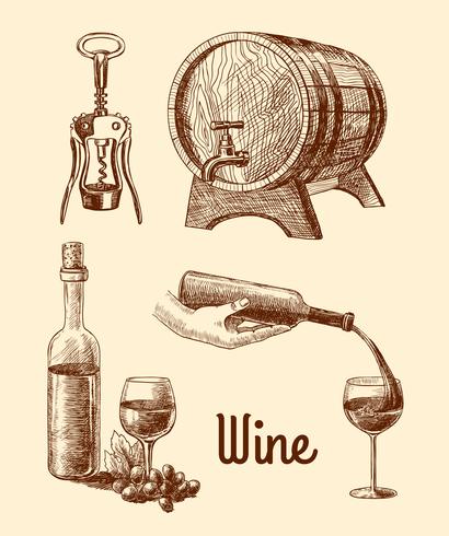 Conjunto decorativo vino boceto vector