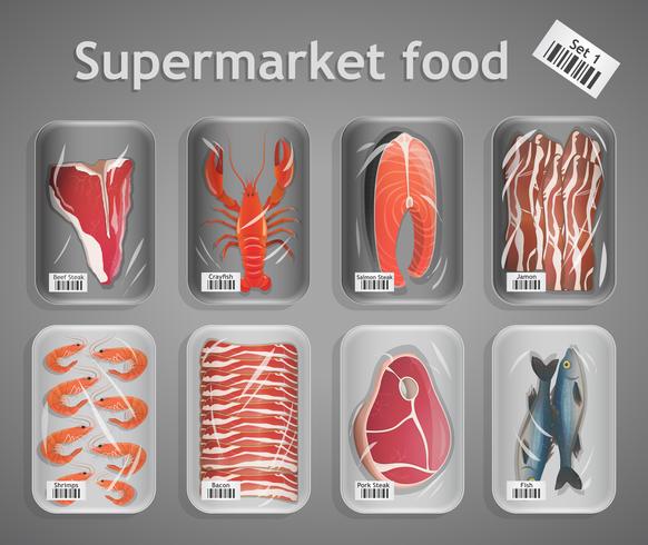Set de carnes y pescados de supermercado. vector