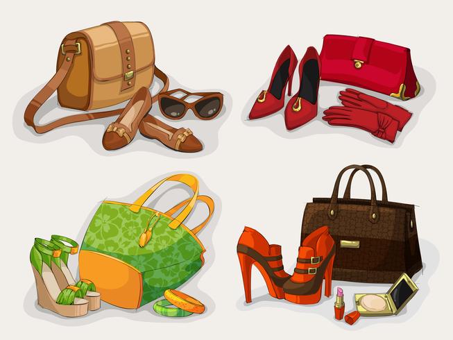 Colección de bolsos de mujer zapatos y accesorios. vector