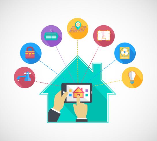 Hand holding mobile phone controls smart home vector