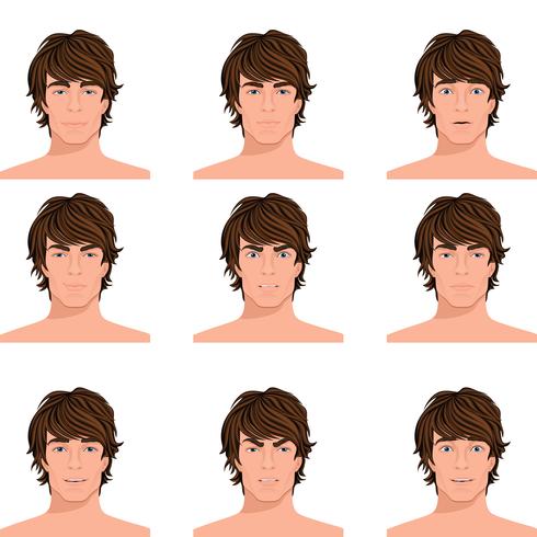 Hombre cabeza emociones retratos conjunto vector