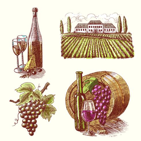 Wine sketch decorative set vector