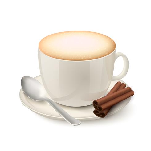 Taza realista blanca rellena de capuchino. vector