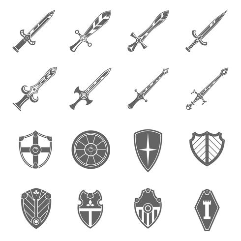 Conjunto de iconos de emblemas de espadas de escudo vector