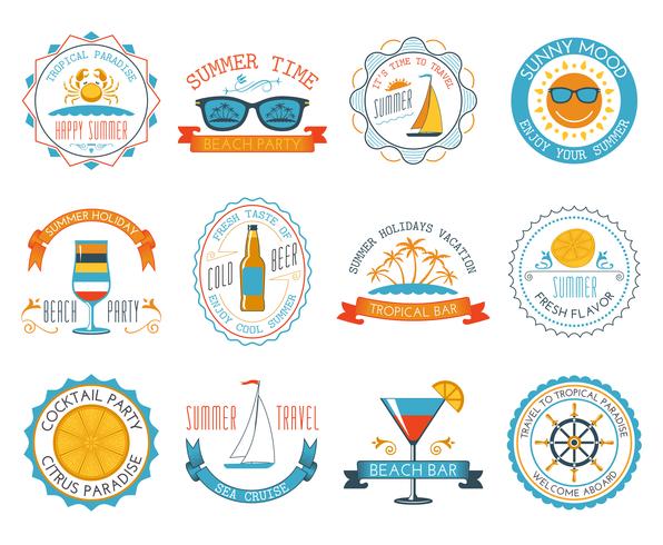 Pegatinas de verano vacaciones emblemas conjunto plana vector