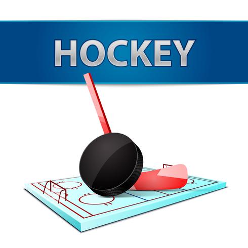 Puck palo de hockey y emblema de la arena de hielo vector