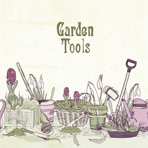 Hand drawn gardening tools frame vector