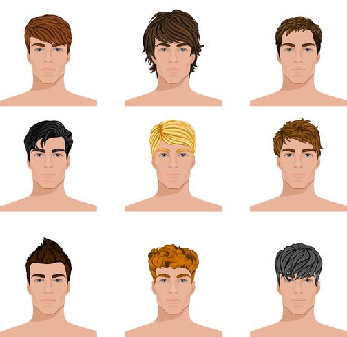 Different hairstyle men faces icons set vector